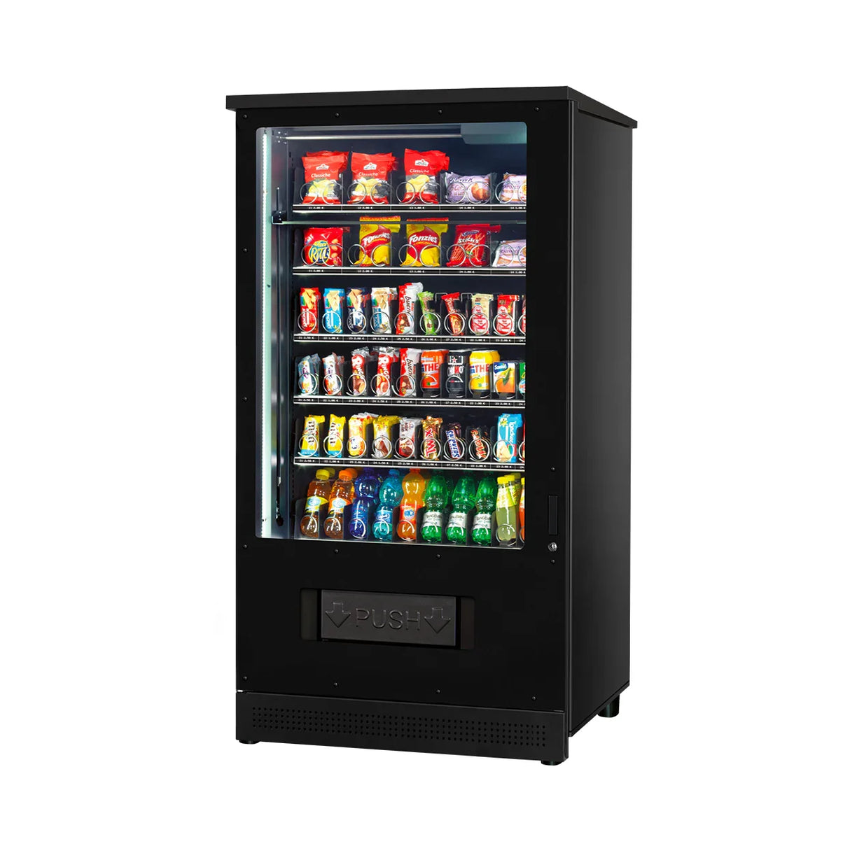 Schwarzer Verkaufsautomat mit Snacks und Getränken, moderner Snack- und Getränkeautomat