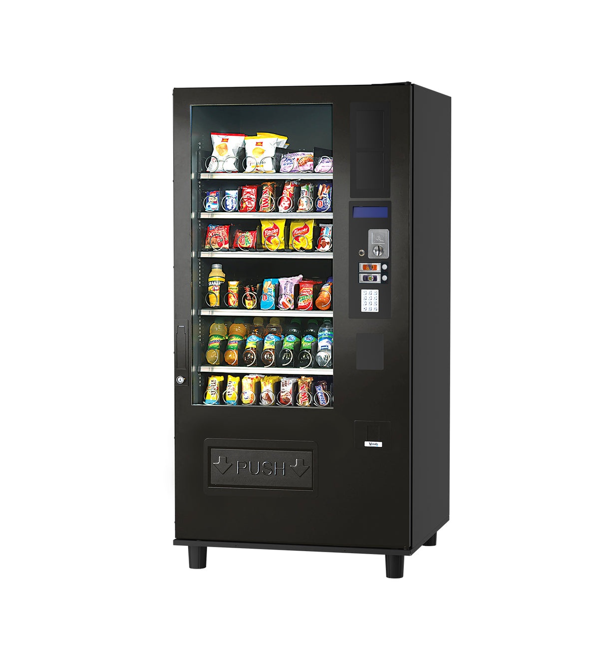 Schwarzer Verkaufsautomat mit Snacks und Getränken, moderne Bedienung, freigestellt