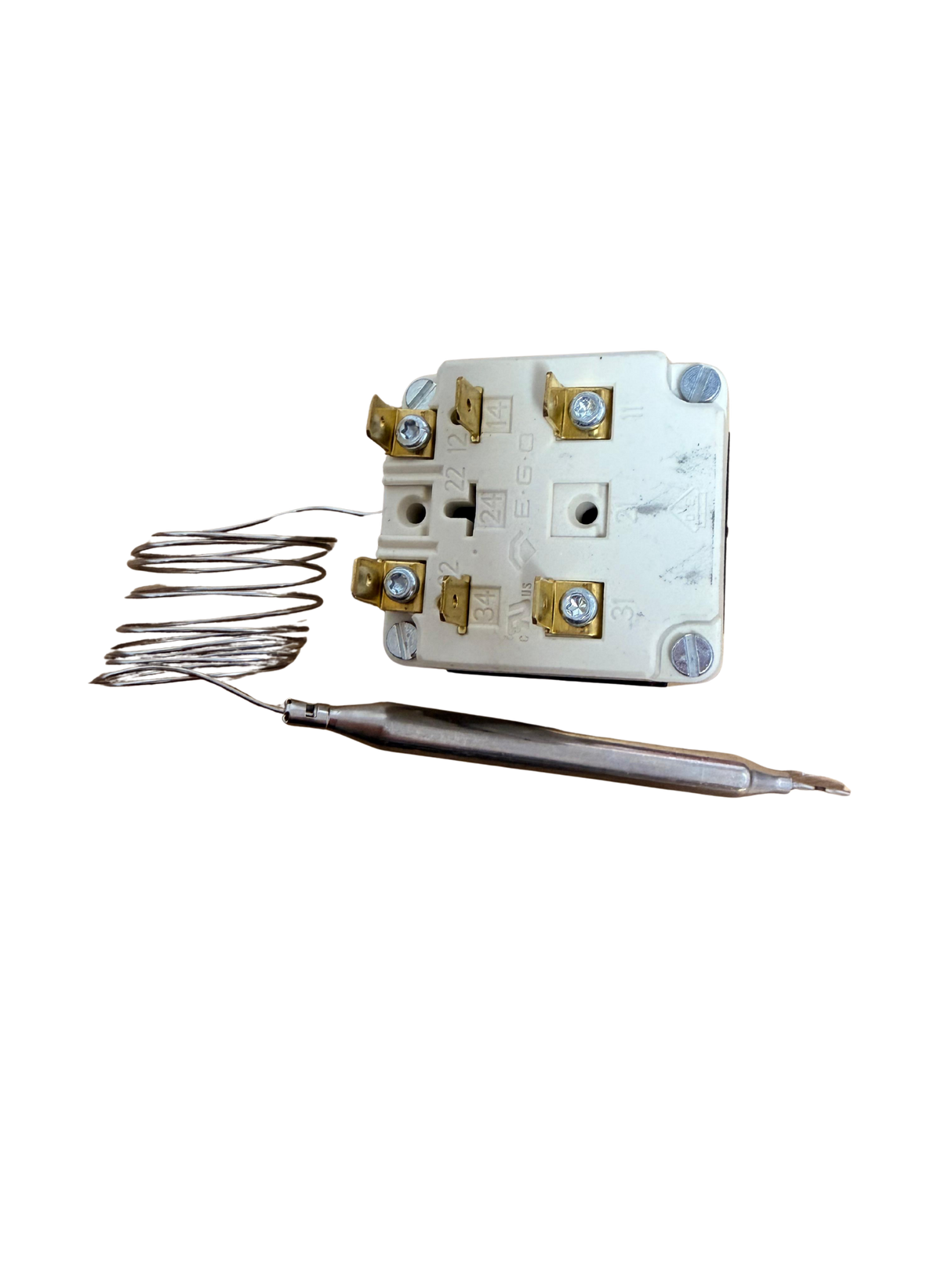 Ersatzteil für Verkaufsautomat, Thermostat mit Fühler und Spule, auf schwarzem Hintergrund
