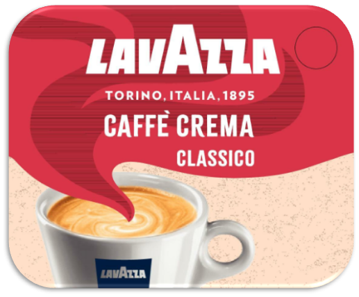 Kaffeepad mit Latte-Art in weißer Tasse, Aufschrift: Caffè Crema Classico
