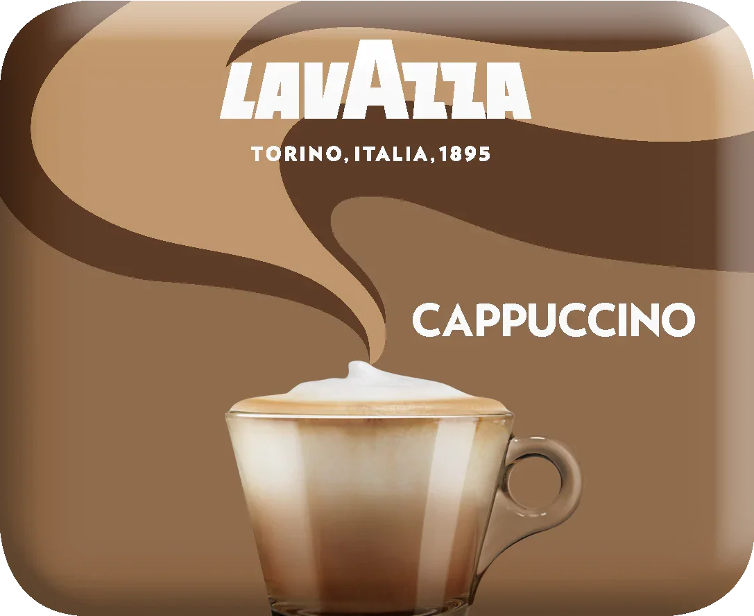Cappuccino in Glas mit Milchschaum, Lavazza Logo und braunem Hintergrund, Kaffeeautomat Symbolbild