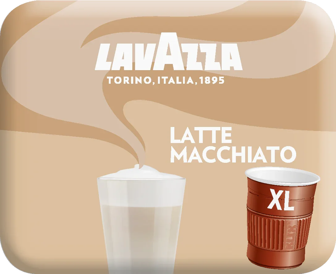 Latte Macchiato XL im Glas und Becher, Kaffeeautomat Produktabbildung, Lavazza Schriftzug