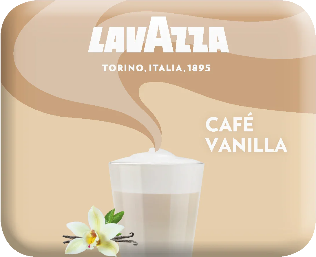 Glas Vanillekaffee mit Milchcrema, Vanilleblüte, Aufschrift Lavazza Café Vanilla