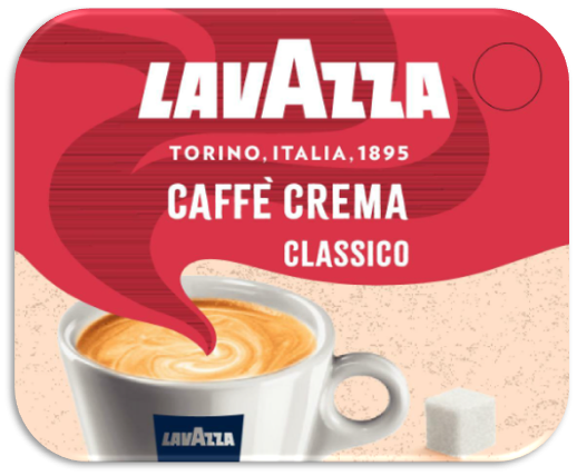 Lavazza Caffè Crema Classico Kaffeepad, mit Tasse Crema und Zuckerwürfel abgebildet