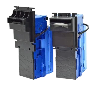 Blauer Banknotenleser für Verkaufsautomaten, modernes Ersatzteil, frontal und seitlich