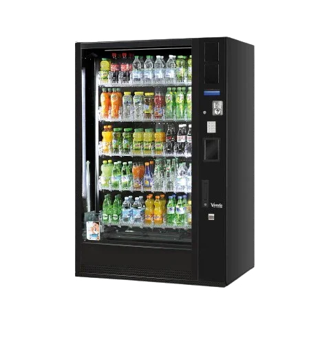 Getränkeautomat mit diversen Flaschen und Dosen, Verkaufsautomat für Getränke