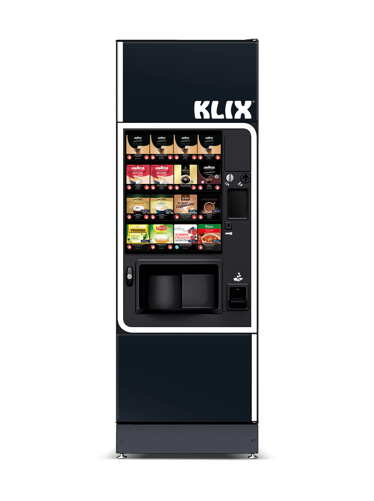 Kaffee- und Snackautomat KLIX, Auswahlfeld mit Markengetränken, schwarz-weiß