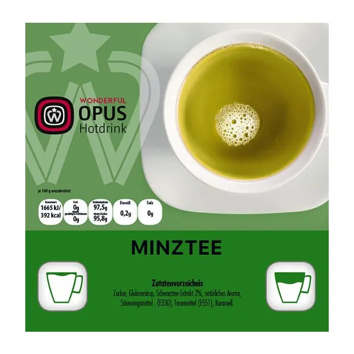 Tasse mit grünem Minztee, Produktverpackung Wonderful Opus Hotdrink Minztee, Zutaten- und Nährwertangaben