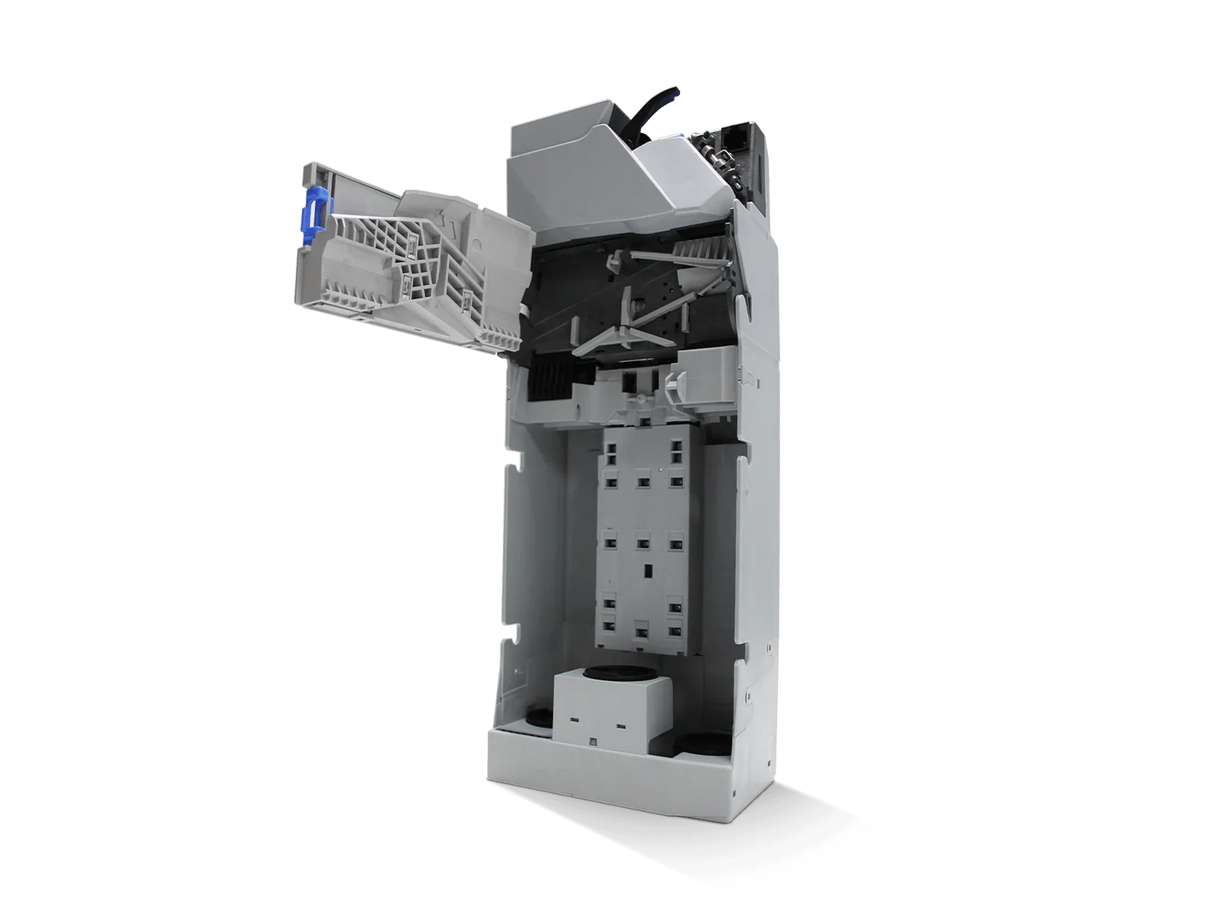 Offener Münzwechsler für Verkaufsautomaten, Innenleben und Münzmechanik sichtbar