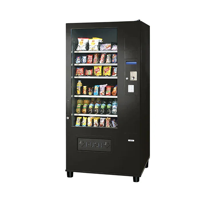 Schwarzer Verkaufsautomat mit Snacks und Getränken, großes Sichtfenster, Bedienfeld rechts