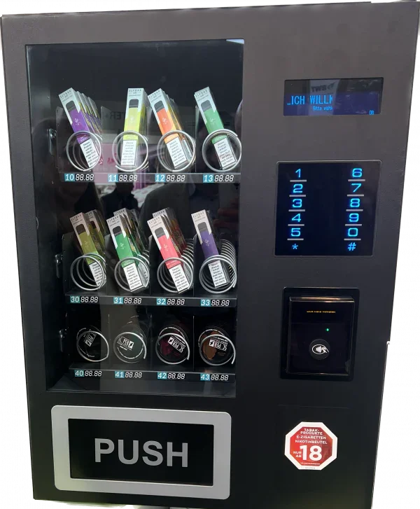 Moderner Verkaufsautomat für E-Zigaretten und Vapes mit LED-Tastatur und Kartenzahlung