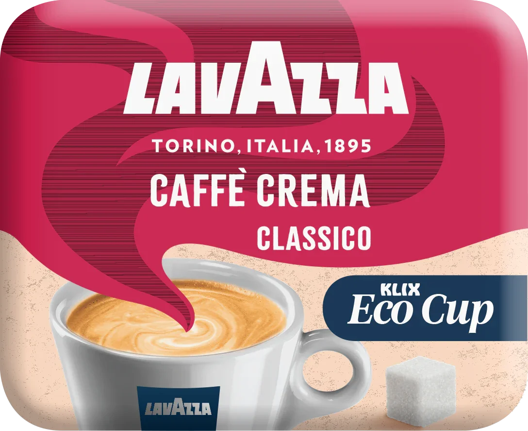 Lavazza Caffè Crema Classico Kaffeetasse mit Crema, Zuckerwürfel und Eco Cup Hinweis