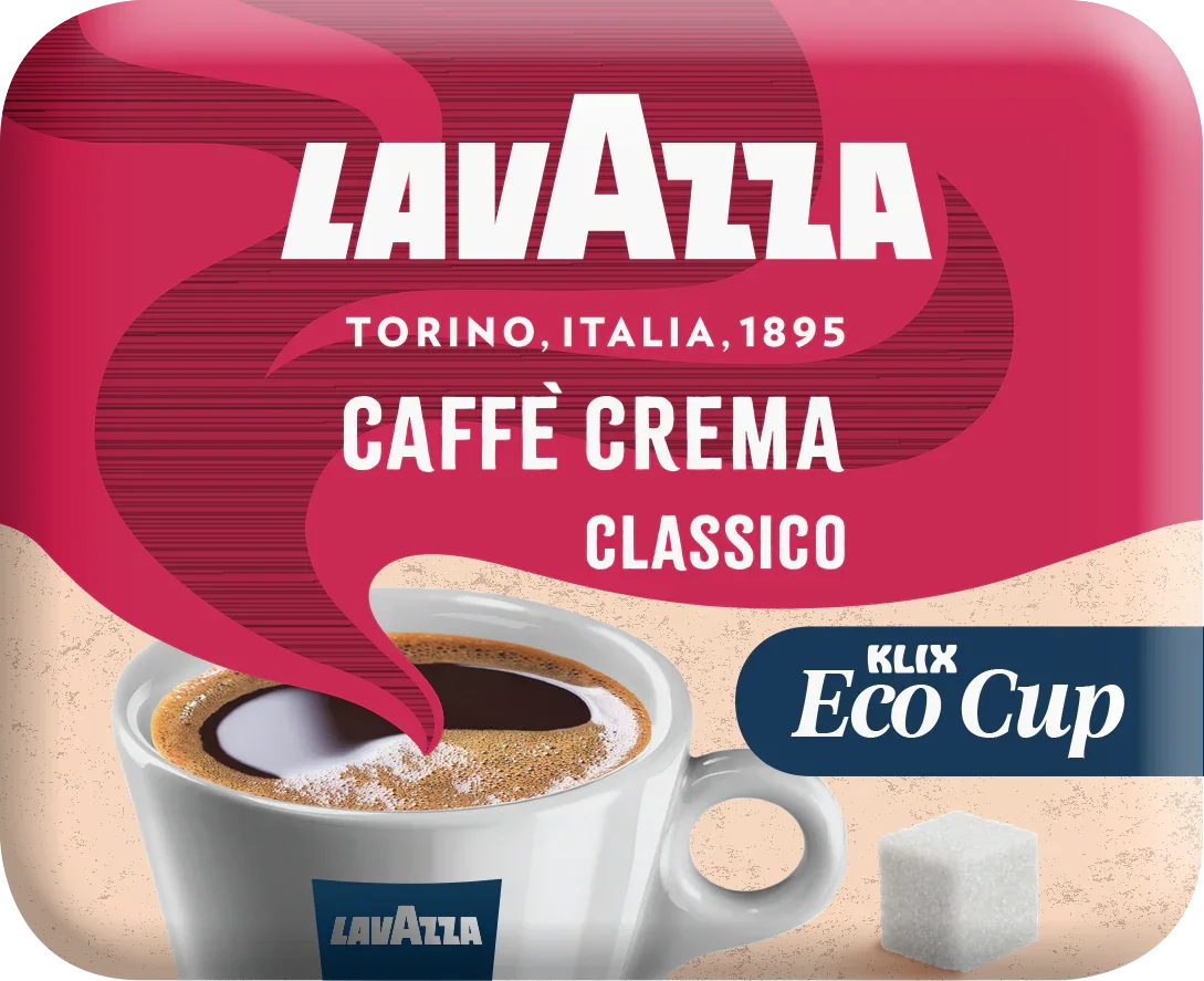 Lavazza Caffè Crema Classico in weißer Tasse mit Zuckerwürfel, Klix Eco Cup