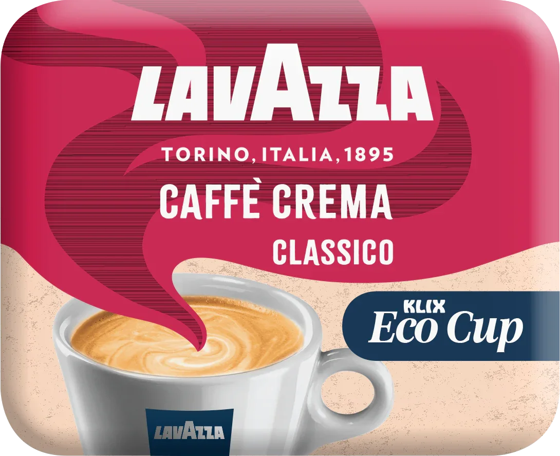 Lavazza Caffè Crema Classico Klix Eco Cup, Kaffeetasse mit Crema auf Produktverpackung