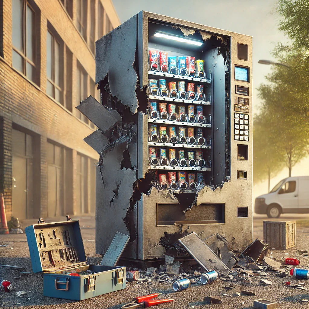 Beschädigter Verkaufsautomat nach Einbruch, Tür aufgebrochen, Werkzeuge und Trümmer davor