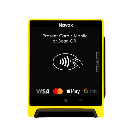 Kontaktloses Kartenterminal für Verkaufsautomaten, gelber Rahmen, unterstützt VISA, Mastercard, Apple Pay, Google Pay.