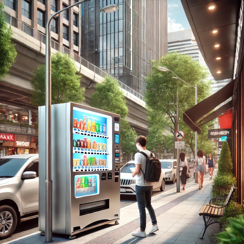 Getränkeautomat auf belebter Straße, Passant steht davor, moderne Stadtumgebung