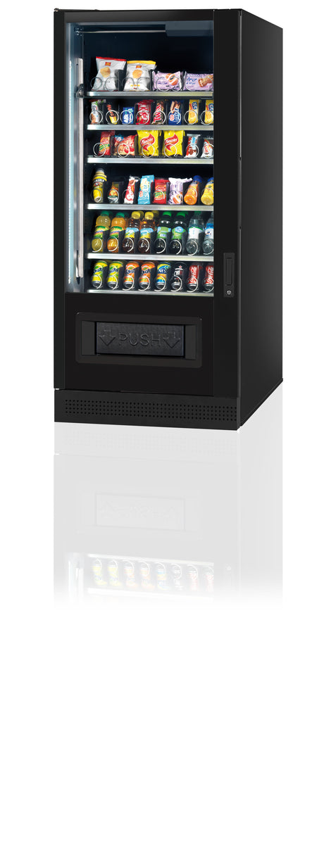 Schwarzer Verkaufsautomat mit Snacks und Getränken, beleuchtete Fächer, modernes Design