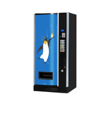 Getränkeautomat mit Pinguin-Motiv, blaues Design, verschiedene Getränkewahltasten
