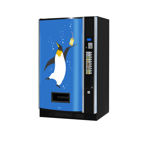 Getränkeautomat mit Pinguin-Motiv auf blauem Hintergrund, Verkaufsautomat, Auswahlknöpfe rechts