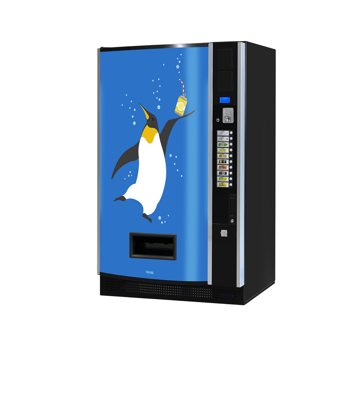Getränkeautomat mit Pinguin-Grafik auf blauem Hintergrund, Verkaufsautomat, Automatenbusiness