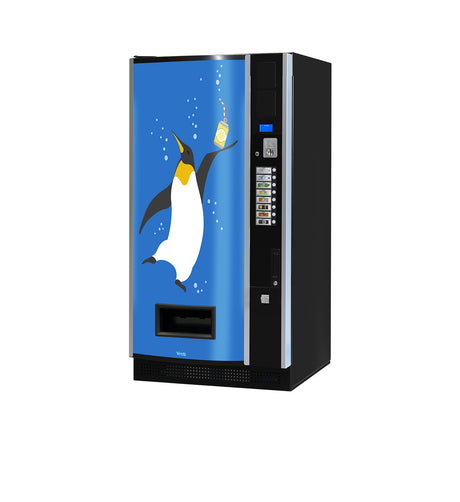 Verkaufsautomat mit Pinguin-Motiv, blauer Front und Getränkeauswahl, freigestellt