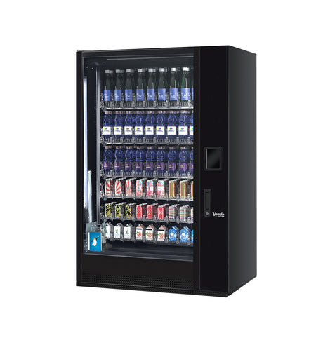 Schwarzer Verkaufsautomat mit Getränken und Snacks, freistehend, Frontansicht