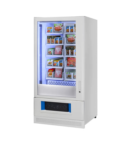 Moderner Verkaufsautomat mit verschiedenen Tiefkühlgerichten und Pizza, freigestellt