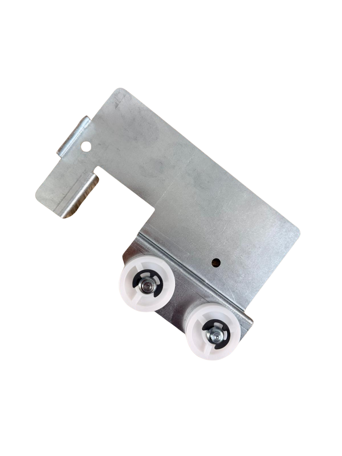 Ersatzteil Metallhalterung mit zwei weißen Rollen für Verkaufsautomat, Ersatzteile Automatentechnik