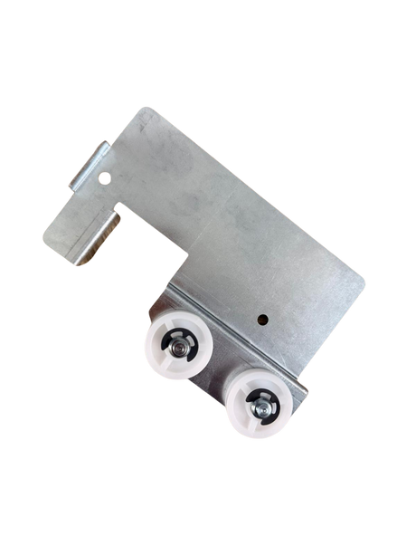 Ersatzteil Metallhalterung mit zwei weißen Rollen für Verkaufsautomat, Ersatzteile Automatentechnik