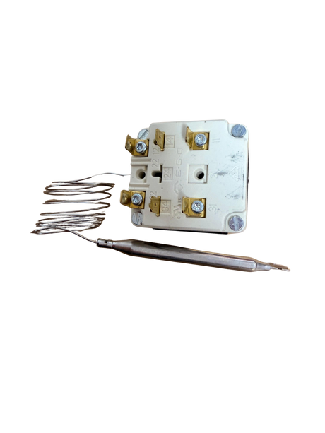 Ersatzteil für Verkaufsautomat, Thermostat mit Fühler und Spule, auf schwarzem Hintergrund