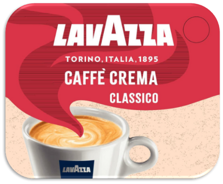 Kaffeepad mit Latte-Art in weißer Tasse, Aufschrift: Caffè Crema Classico