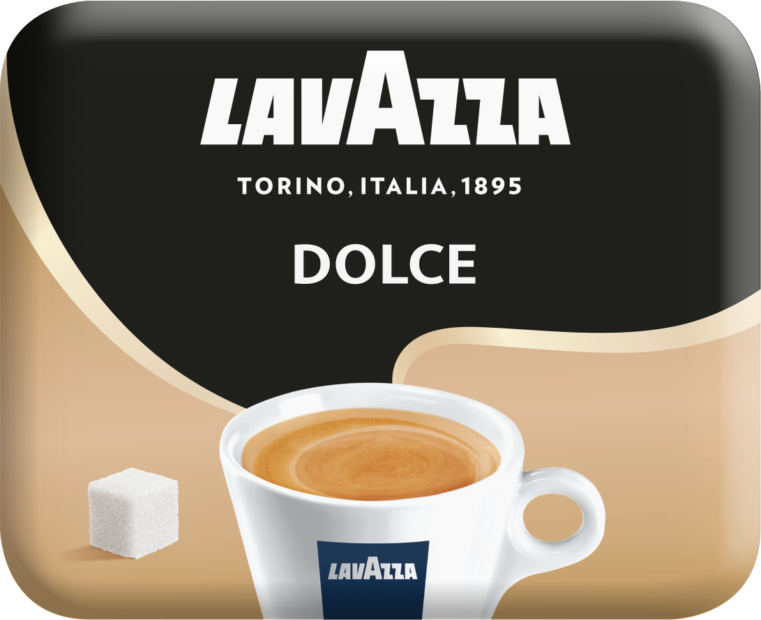 Lavazza Dolce Kaffee Tasse mit Crema, Zuckerwürfel, schwarzer Hintergrund, Kaffeeautomat