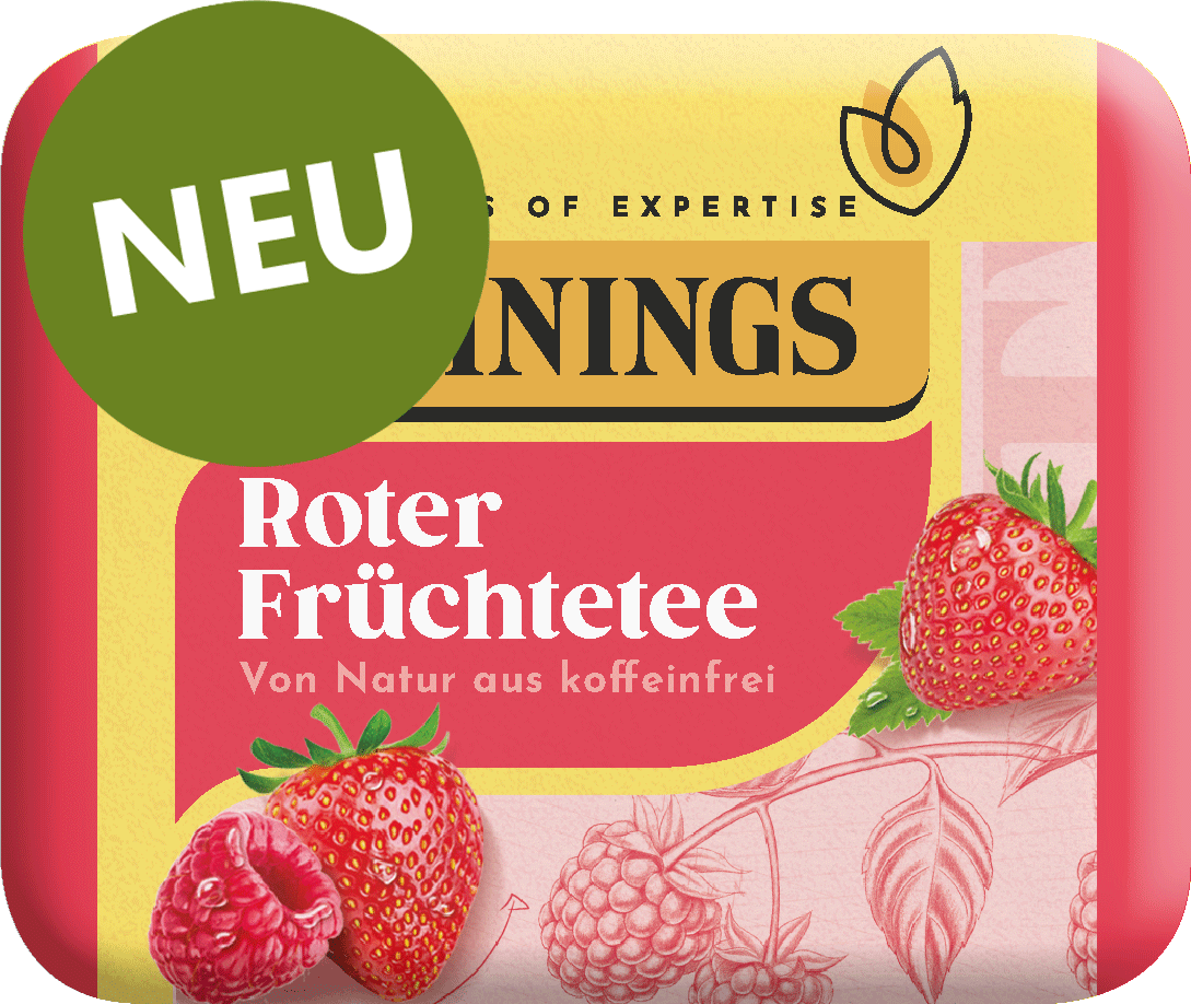 Roter Früchtetee Packung mit Erdbeeren und Himbeeren, koffeinfrei, NEU gekennzeichnet