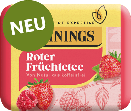Roter Früchtetee Packung mit Erdbeeren und Himbeeren, koffeinfrei, NEU gekennzeichnet