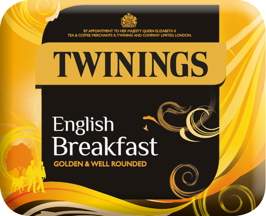 Twinings English Breakfast Tee Verpackung, schwarz-goldenes Design, Teeautomat Produktbild