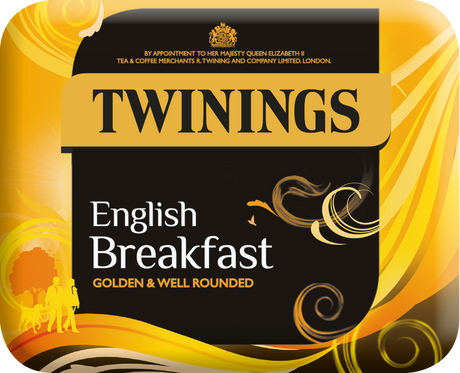 Twinings English Breakfast Tee Verpackung, schwarz-goldenes Design, Teeautomat Produktbild