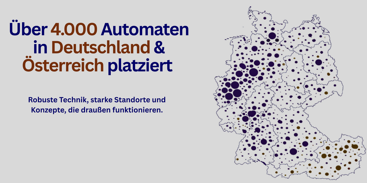 Bestehende Standortkarte von Automatenjungs mit Markierungen in Deutschland und Österreich.
