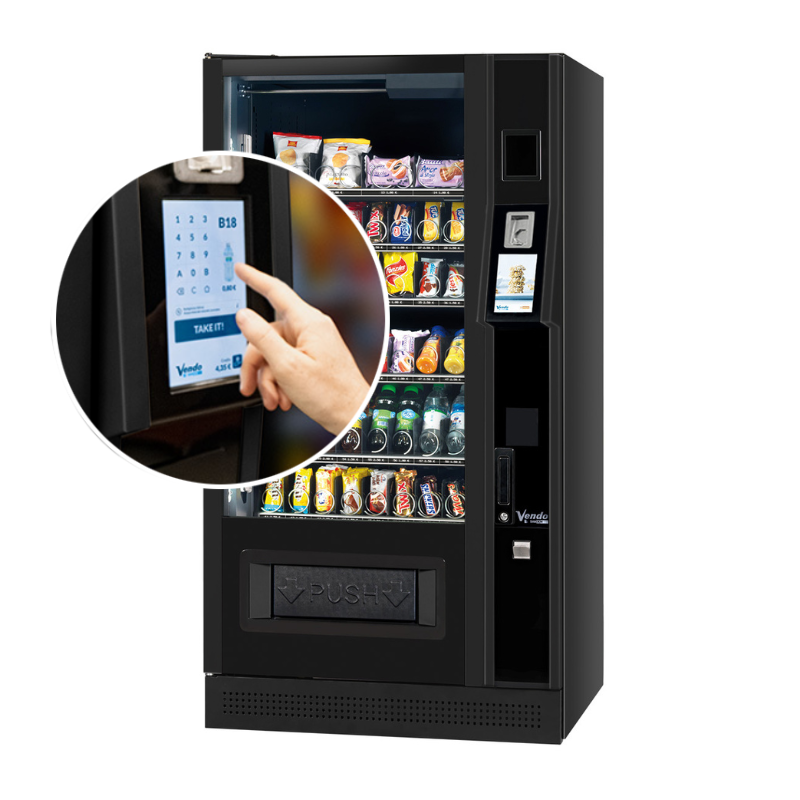 Moderner Verkaufsautomat mit Snacks und Getränken, Touch-Bedienfeld im Detail